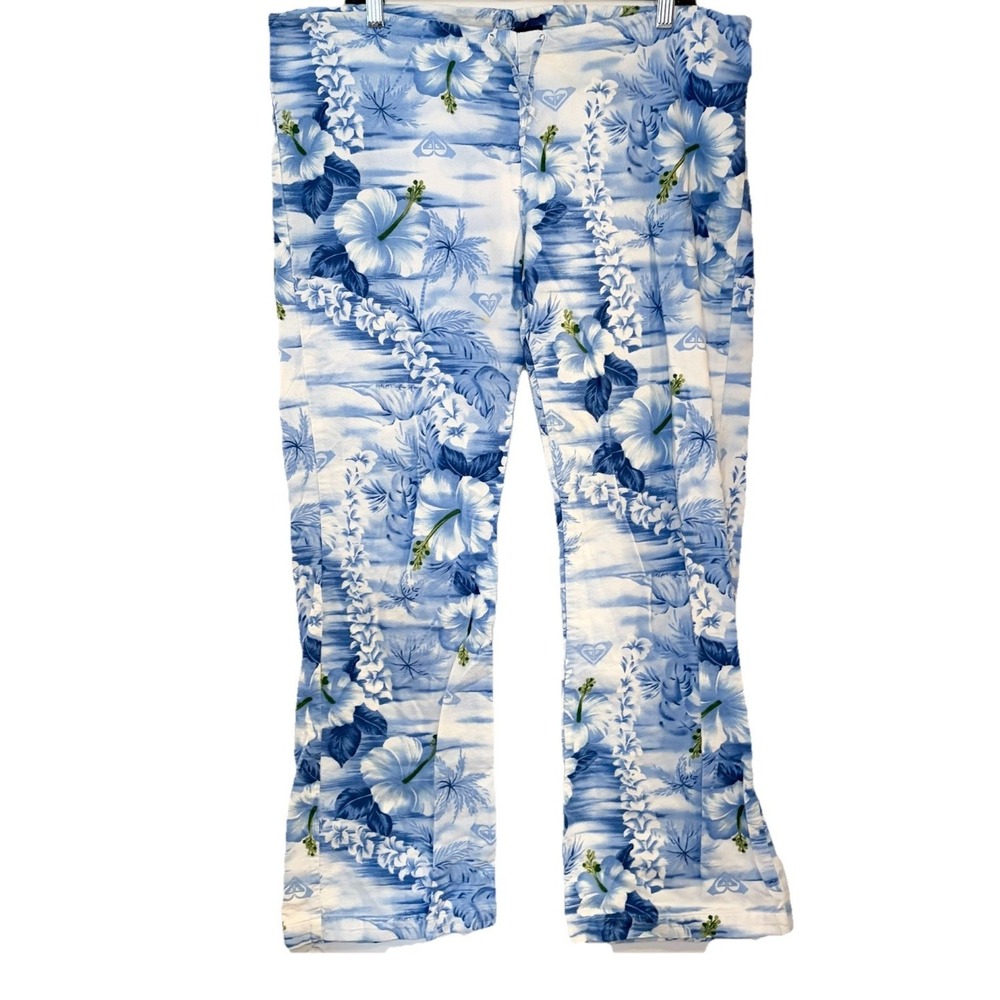 Vintage Y2K Roxy Pajama Pants Womens M Blue White Floral Hawaiian PJs Beach